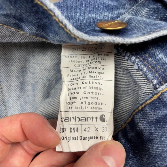 Carhartt B07 DNM Double Knee Logger Dungaree Jeans Blue Denim 42x30 Mens Baggy - Picture 6 of 7